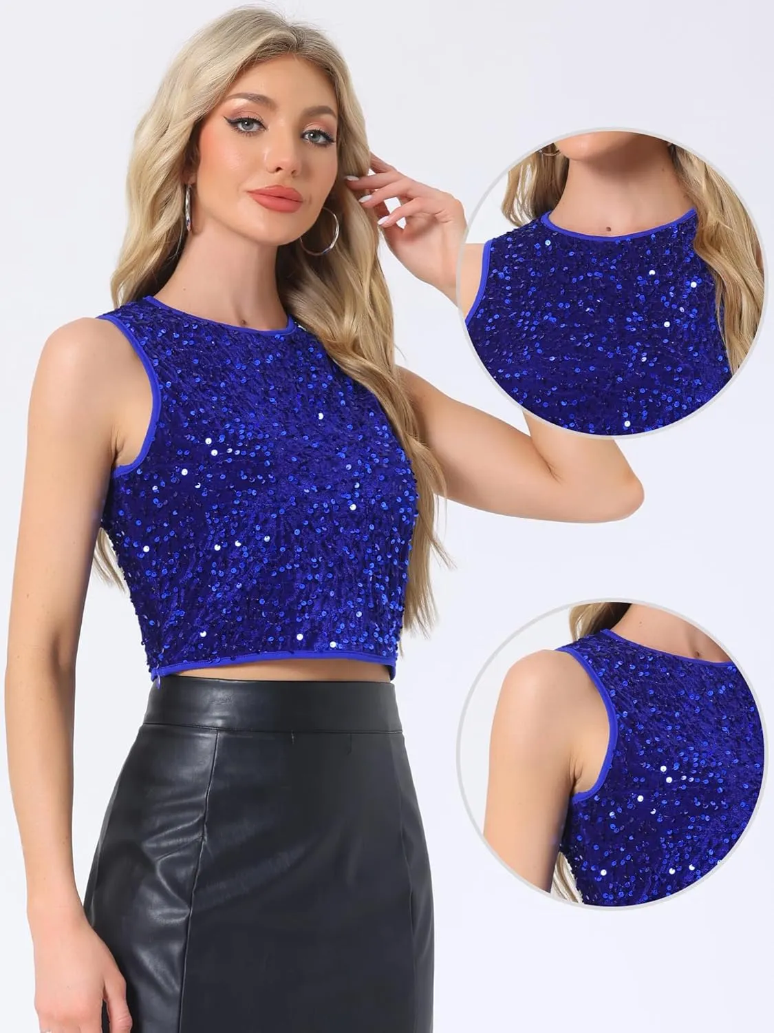 Allegra K Sequin Tops for Women's Sparkle Glitter Sleeveless Club Party Nightout Crop Tank Top