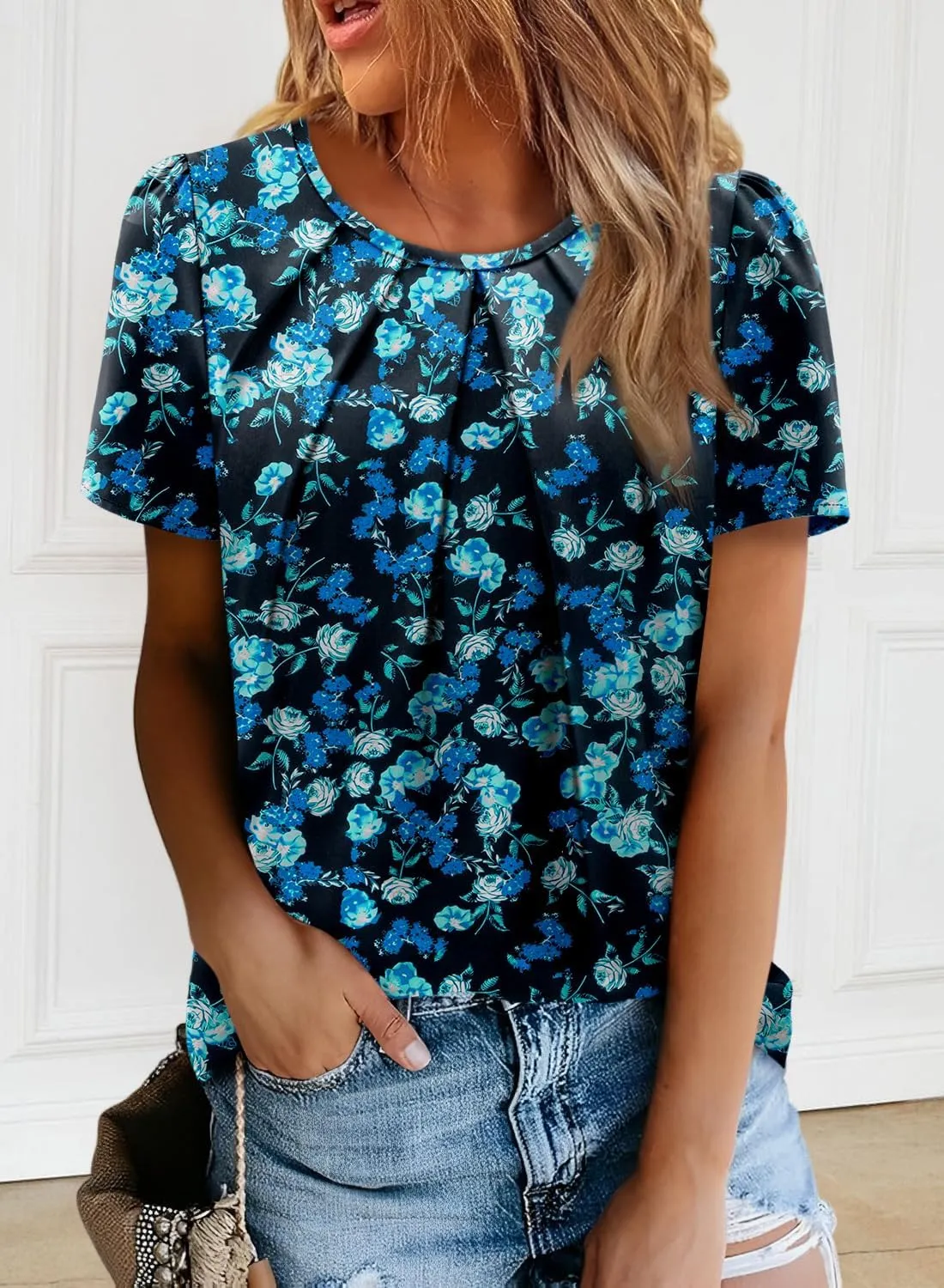 Angerella Womens T Shirts Chiffon Floral Blouses Summer Short Sleeve Trendy Round Crew Neck Casual Business Top