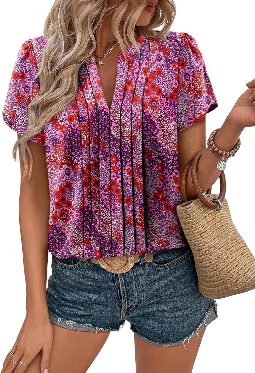 Angerella Womens T Shirts Chiffon Floral Blouses Summer Short Sleeve Trendy Round Crew Neck Casual Business Top