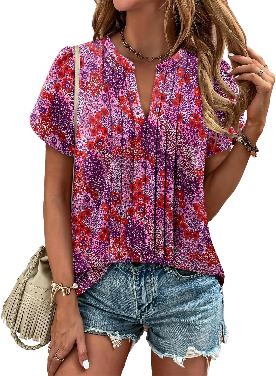 Angerella Womens T Shirts Chiffon Floral Blouses Summer Short Sleeve Trendy Round Crew Neck Casual Business Top