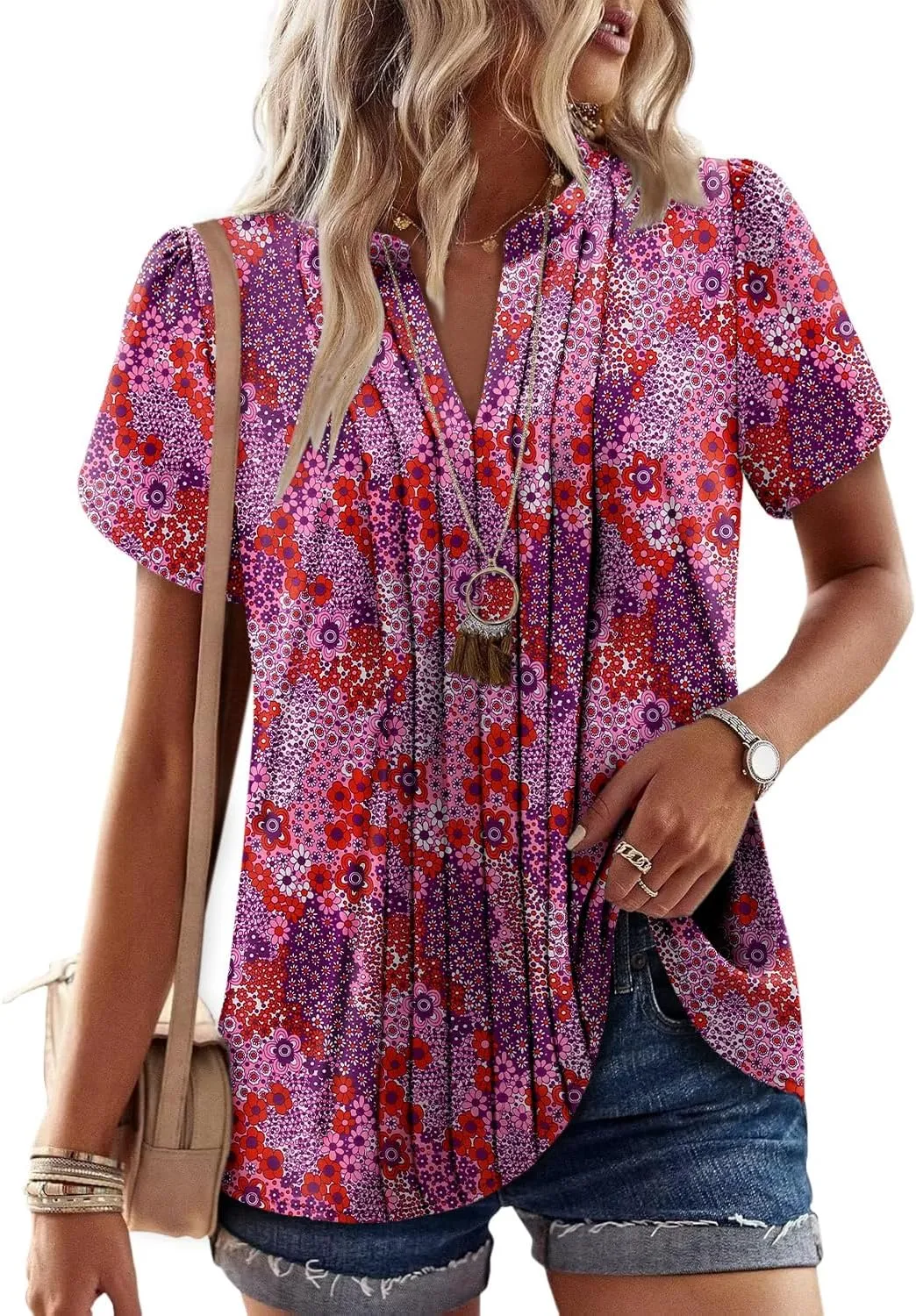 Angerella Womens T Shirts Chiffon Floral Blouses Summer Short Sleeve Trendy Round Crew Neck Casual Business Top