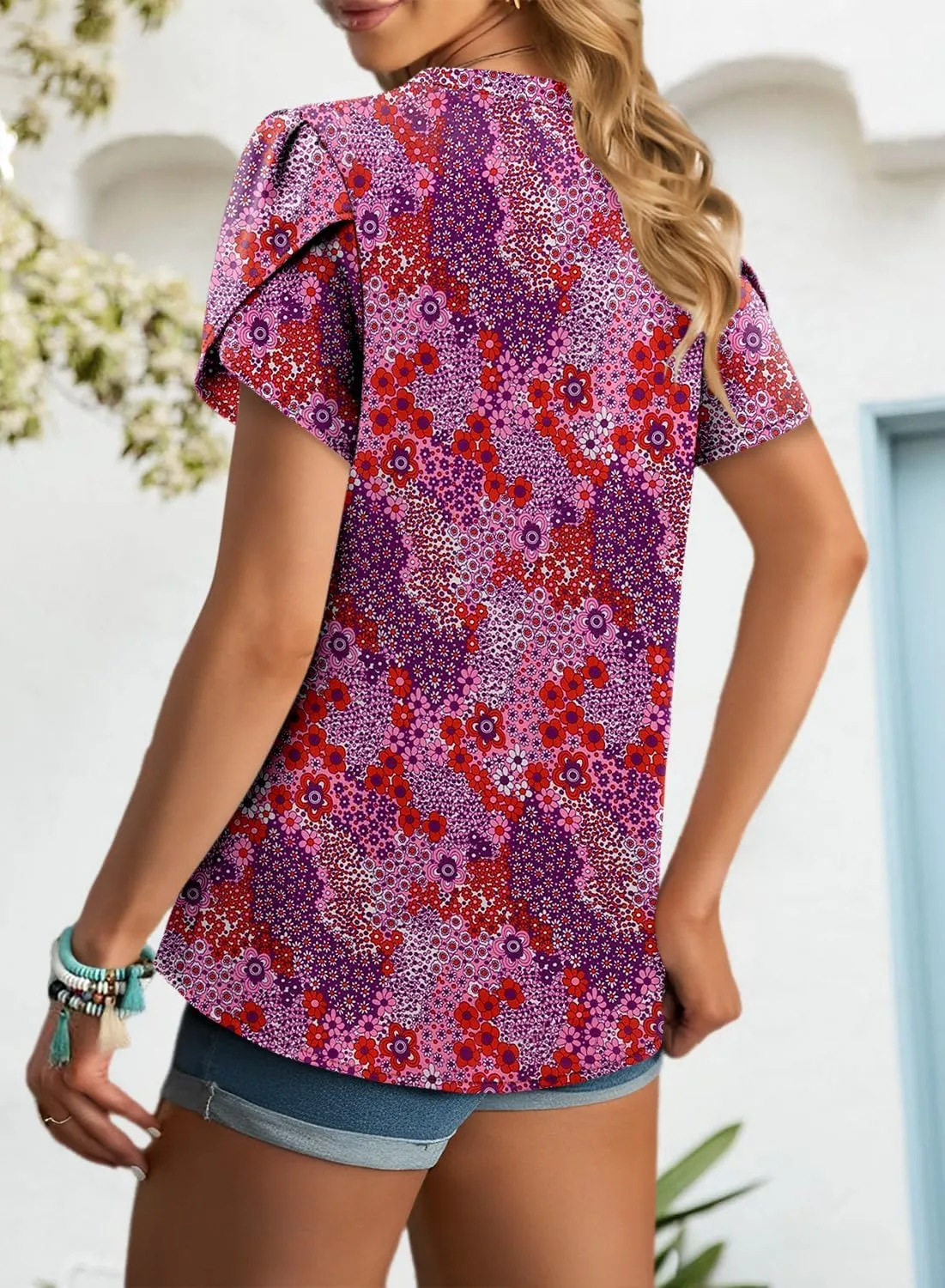 Angerella Womens T Shirts Chiffon Floral Blouses Summer Short Sleeve Trendy Round Crew Neck Casual Business Top