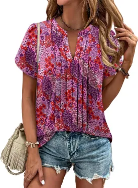 Angerella Womens T Shirts Chiffon Floral Blouses Summer Short Sleeve Trendy Round Crew Neck Casual Business Top