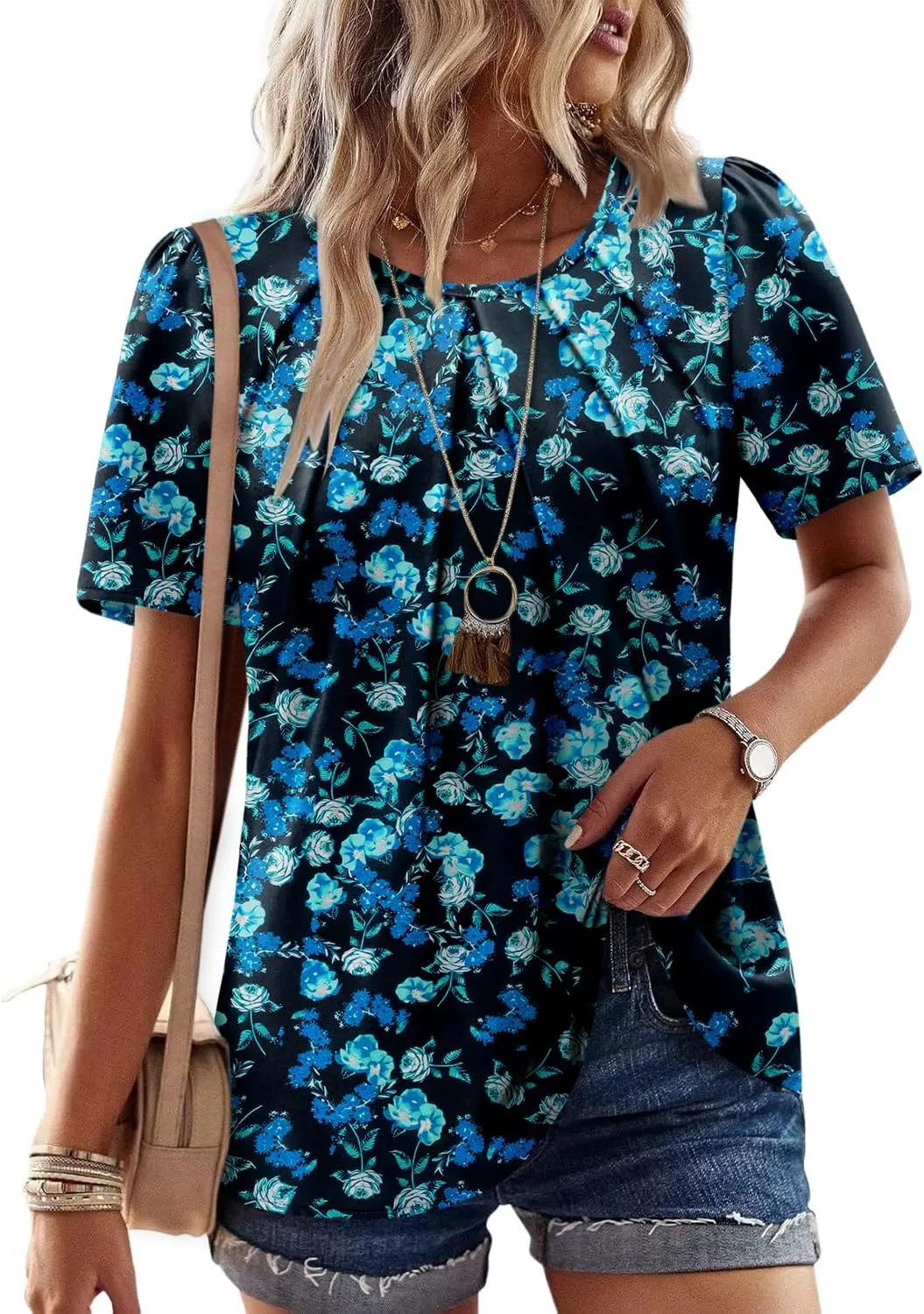 Angerella Womens T Shirts Chiffon Floral Blouses Summer Short Sleeve Trendy Round Crew Neck Casual Business Top
