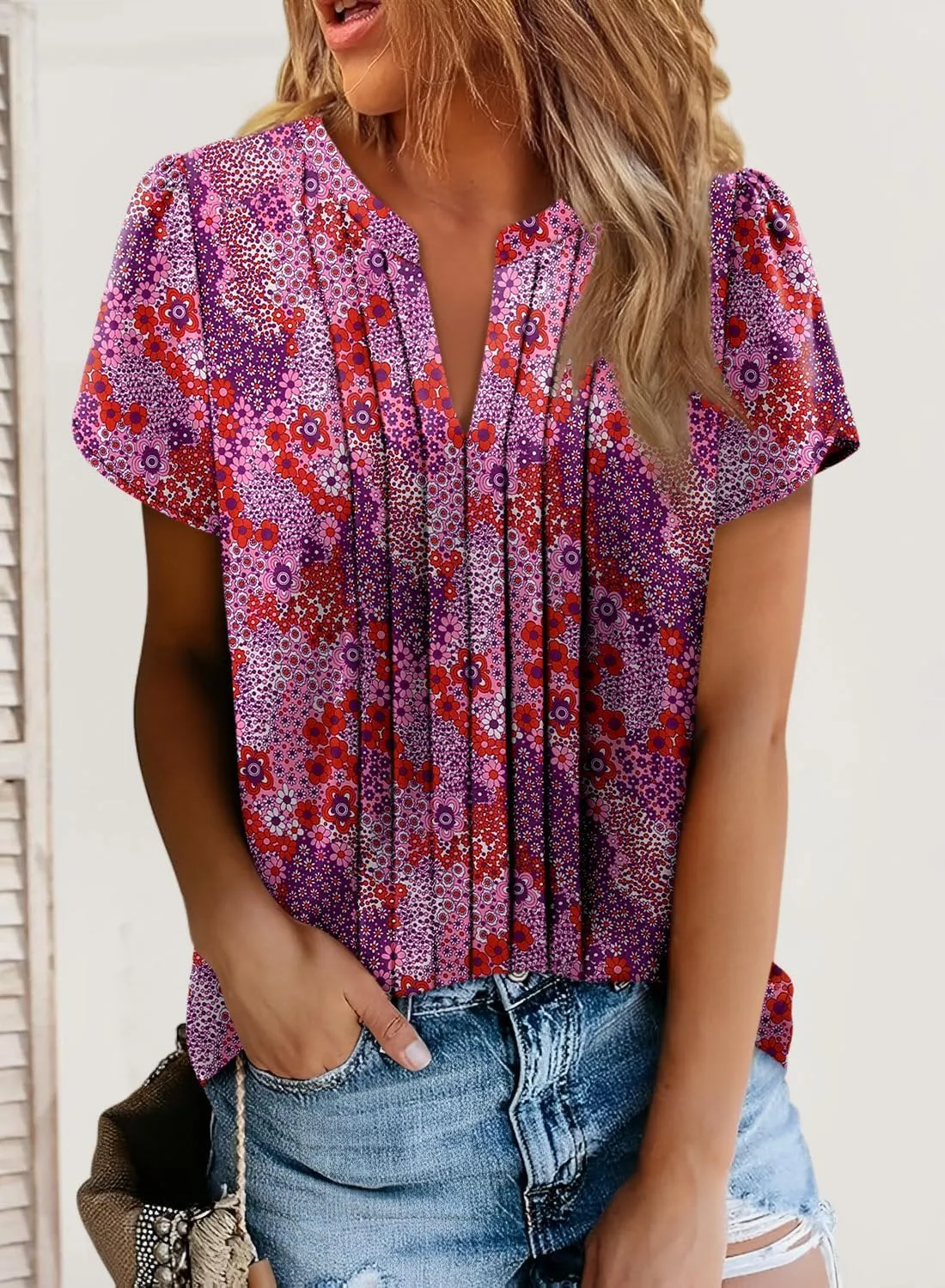 Angerella Womens T Shirts Chiffon Floral Blouses Summer Short Sleeve Trendy Round Crew Neck Casual Business Top