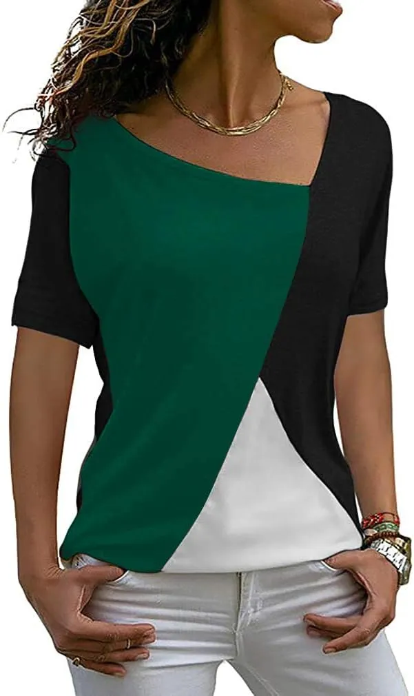 AYIFU Womens Summer Tops Short Sleeve Casual Shirts Asymmetric Neck Color Block Tunic