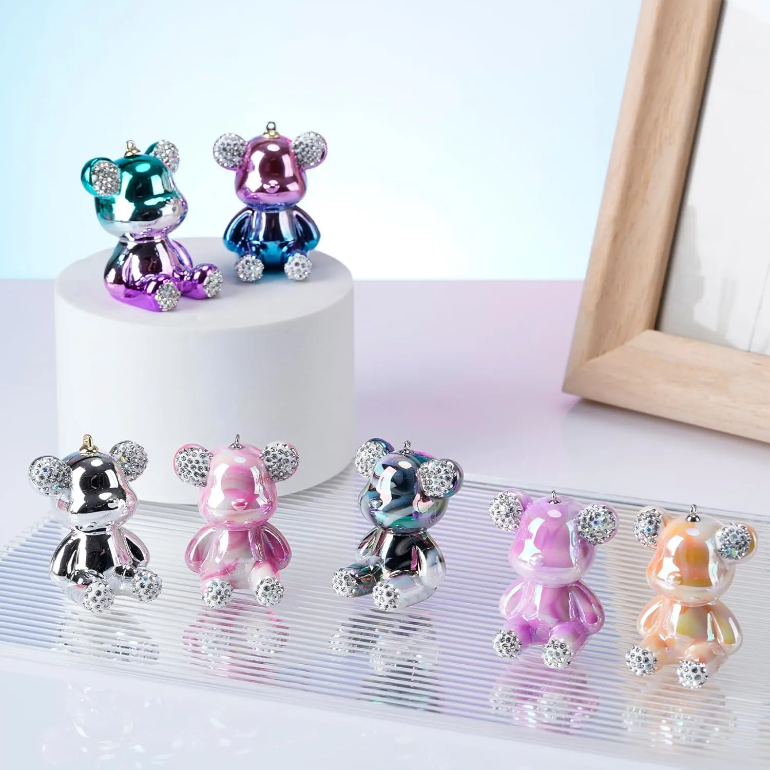 Bear Keychain, Cute Keychains for Women, Pink Car Accessories for Girly, Pink Pom Pom Keychain