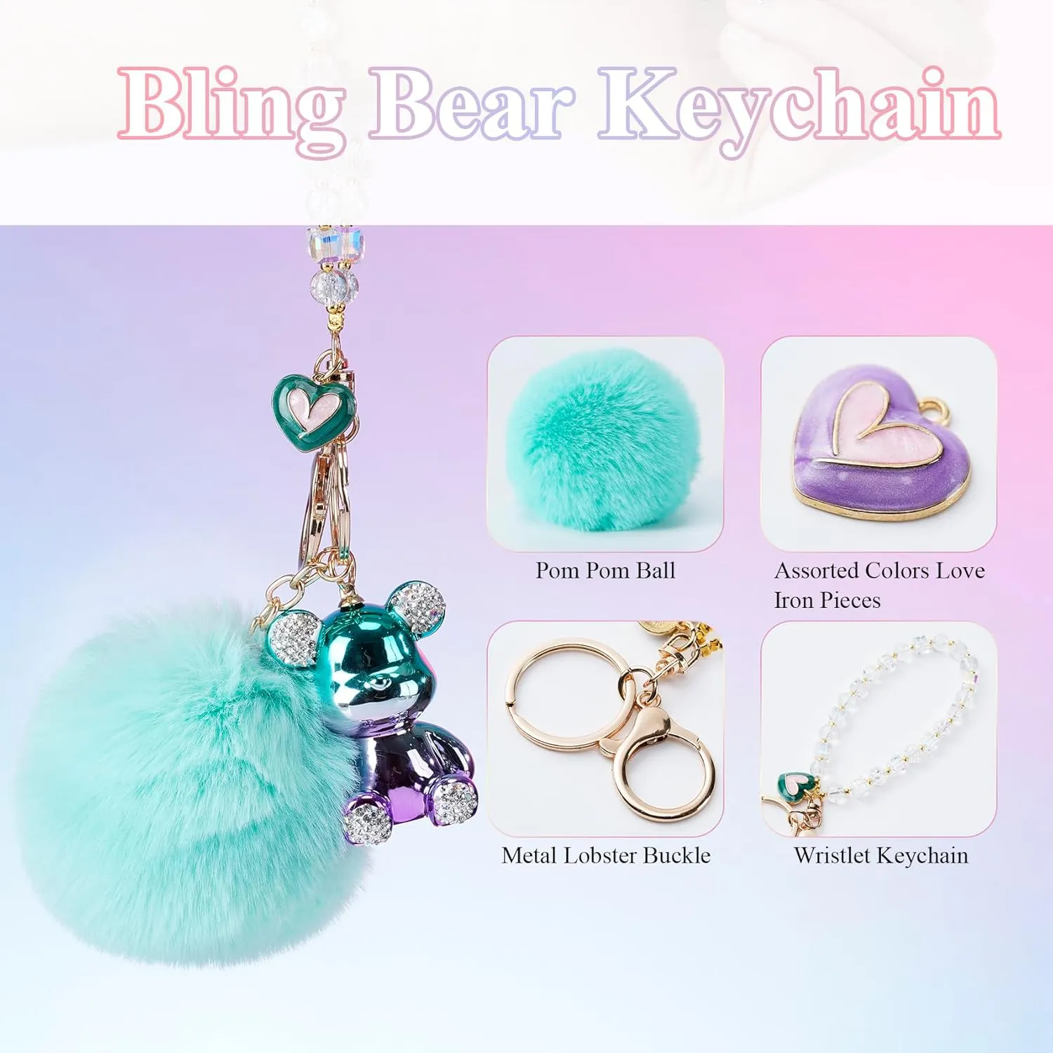 Bear Keychain, Cute Keychains for Women, Pink Car Accessories for Girly, Pink Pom Pom Keychain