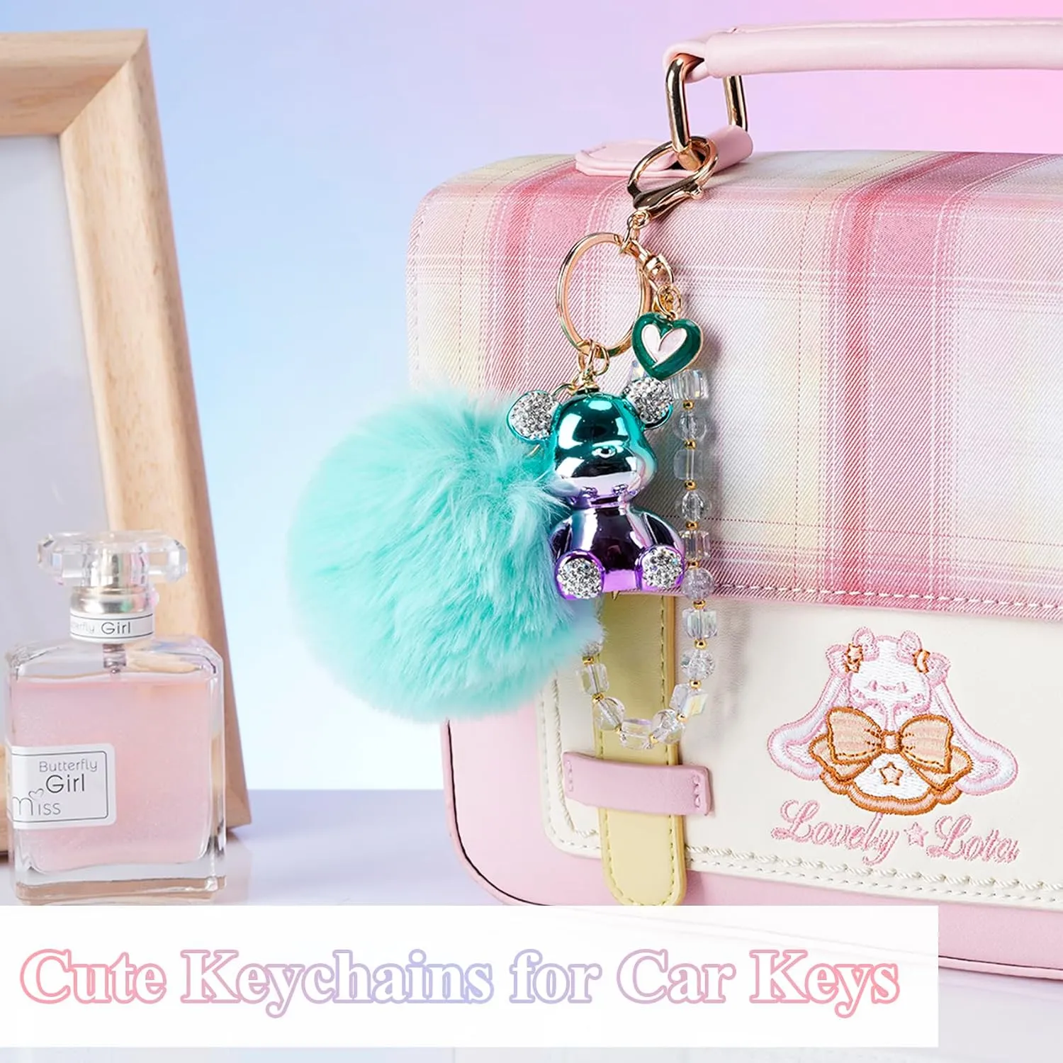 Bear Keychain, Cute Keychains for Women, Pink Car Accessories for Girly, Pink Pom Pom Keychain