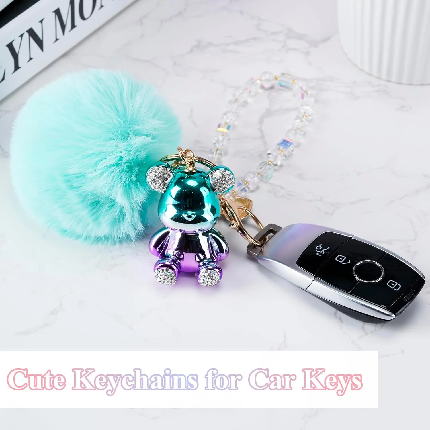 Bear Keychain, Cute Keychains for Women, Pink Car Accessories for Girly, Pink Pom Pom Keychain