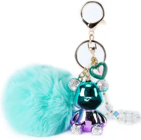 Bear Keychain, Cute Keychains for Women, Pink Car Accessories for Girly, Pink Pom Pom Keychain