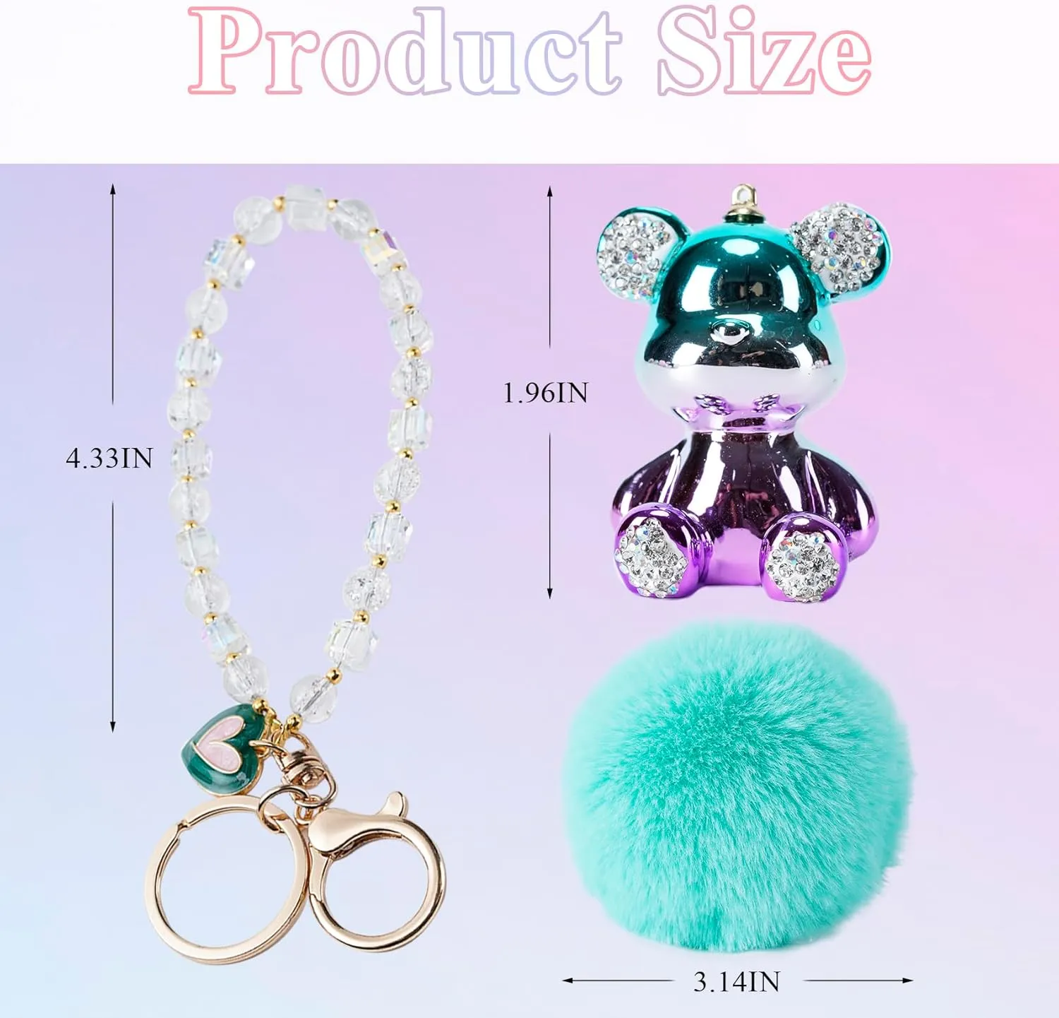 Bear Keychain, Cute Keychains for Women, Pink Car Accessories for Girly, Pink Pom Pom Keychain