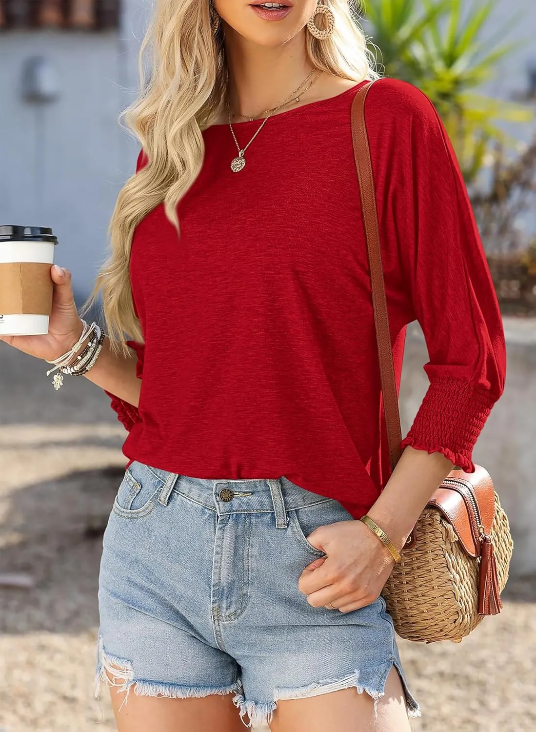BTFBM Womens Casual Tops Dressy Spring Summer T Shirts 2025 Crewneck 3/4 Sleeve Loose Tunic Beach Vacation Blouse