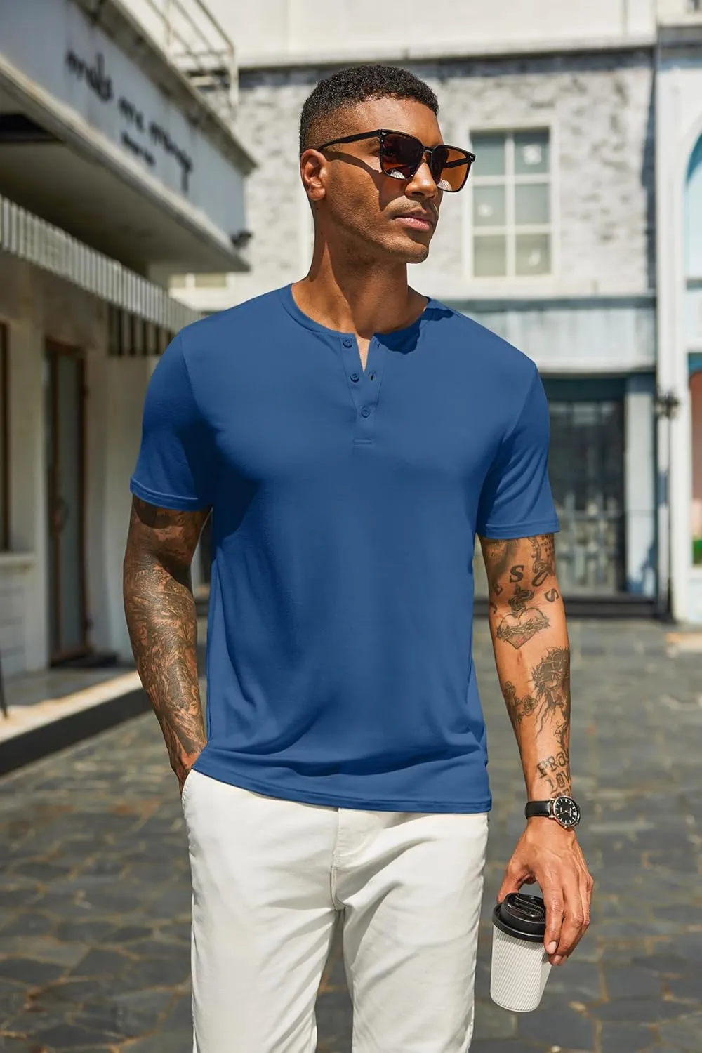COOFANDY Men's Henley Shirts Short Sleeve Casual Summer Basic T Shirt Soild Button Tee Top