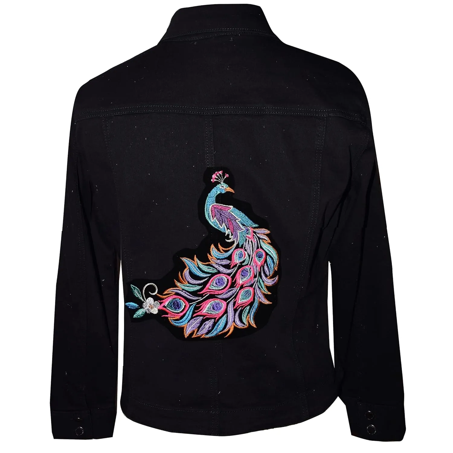 Embroidered Peacock Floral Black Denim Jacket LG