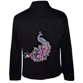 Embroidered Peacock Floral Black Denim Jacket LG