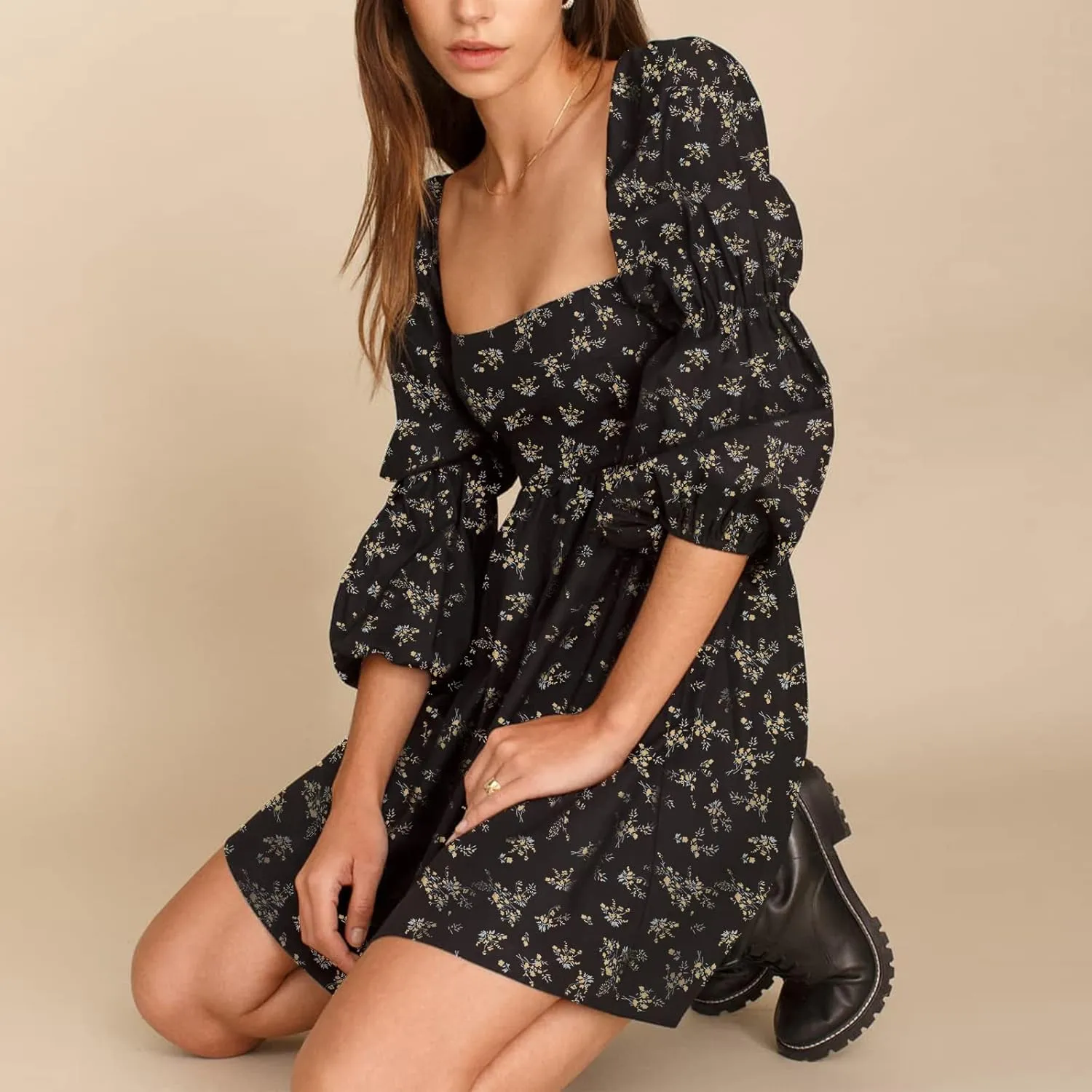 EXLURA Womens 2025 Square Neck Dress Long Puff Sleeve A-Line Casual Short Mini Dresses