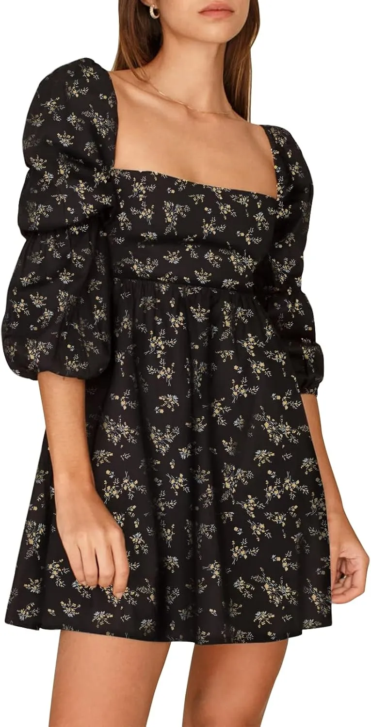 EXLURA Womens 2025 Square Neck Dress Long Puff Sleeve A-Line Casual Short Mini Dresses