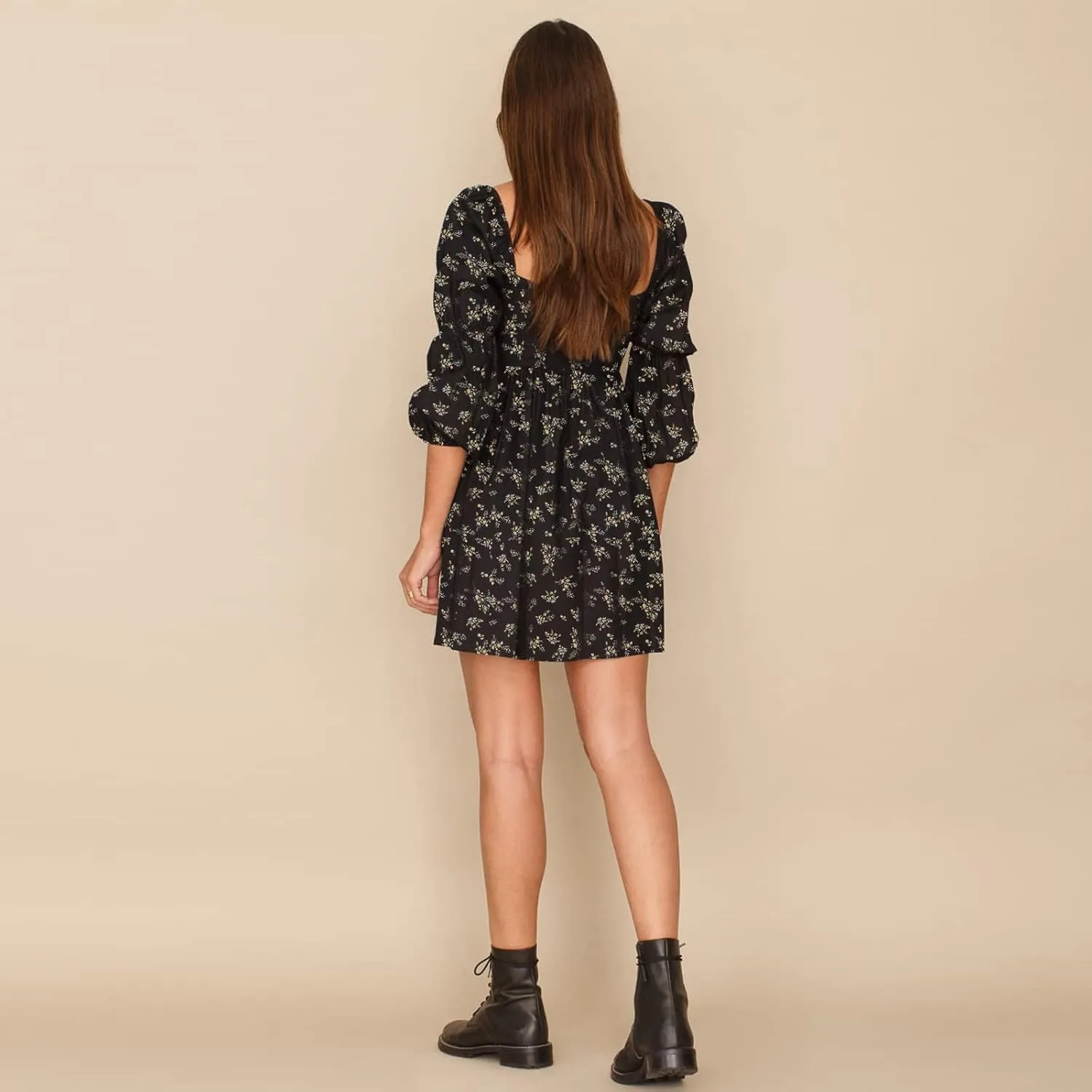 EXLURA Womens 2025 Square Neck Dress Long Puff Sleeve A-Line Casual Short Mini Dresses