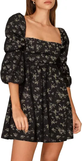 EXLURA Womens 2025 Square Neck Dress Long Puff Sleeve A-Line Casual Short Mini Dresses