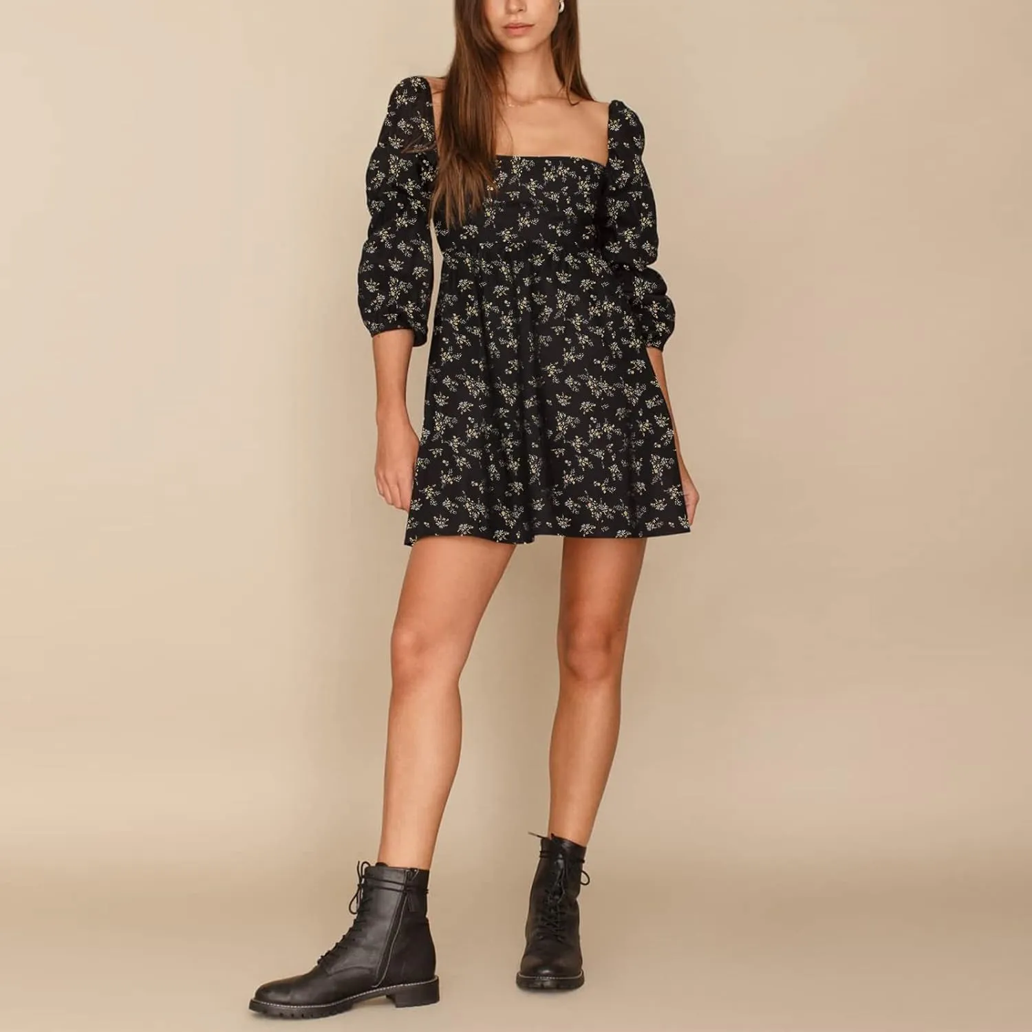 EXLURA Womens 2025 Square Neck Dress Long Puff Sleeve A-Line Casual Short Mini Dresses