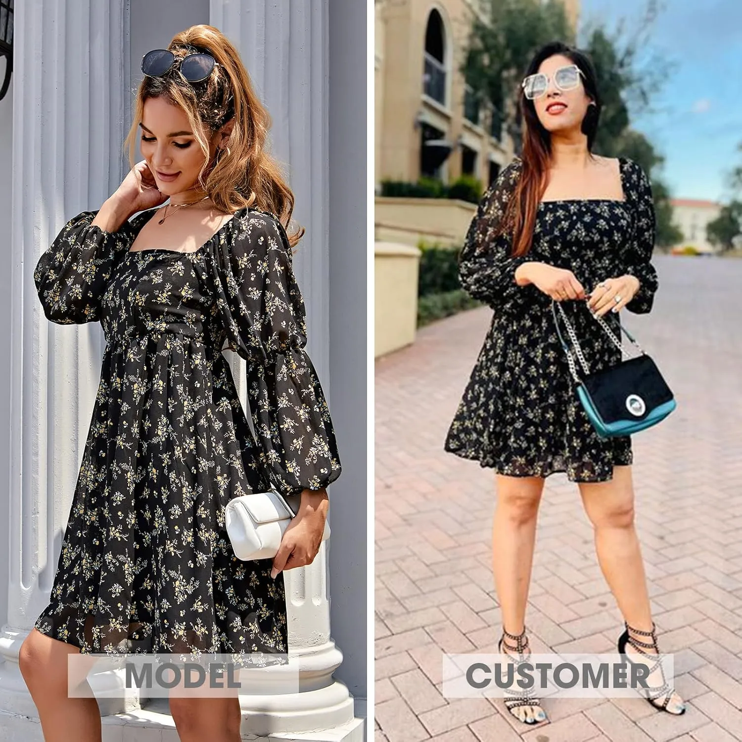 EXLURA Womens 2025 Square Neck Dress Long Puff Sleeve A-Line Casual Short Mini Dresses