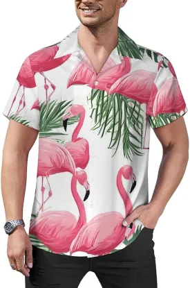 Flamingo Flowers Print Cuban Collar Shirt Classic Design for Comfort and Style