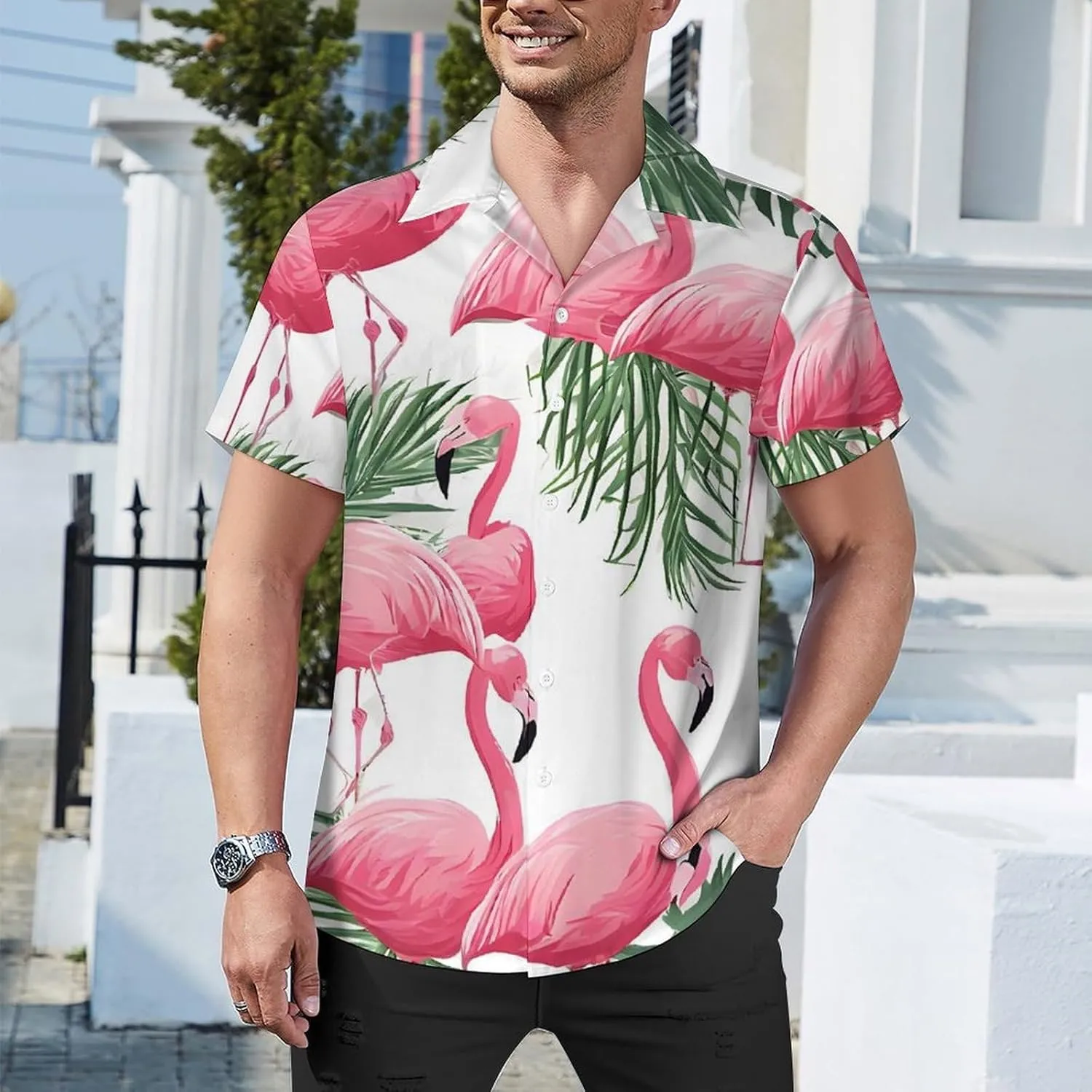 Flamingo Flowers Print Cuban Collar Shirt Classic Design for Comfort and Style