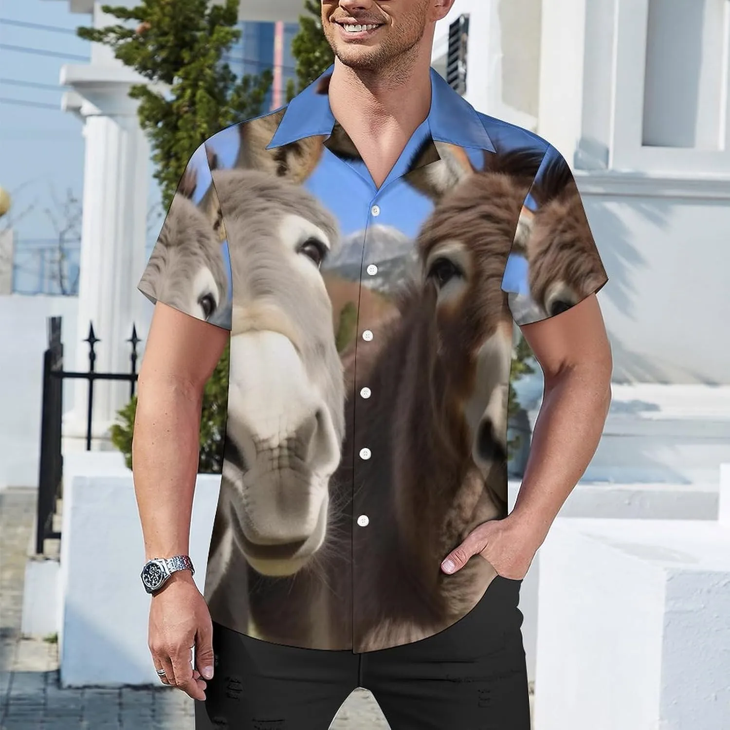 Funny Donkeys Print Cuban Collar Shirt Classic Design for Comfort and Style