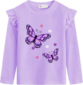 Girls Ruffle Long Sleeve Shirts Soft Crewneck Cute Butterfly Shirt Wild Like My Curls T-Shirts Pink Cotton Tee 2-7 Years