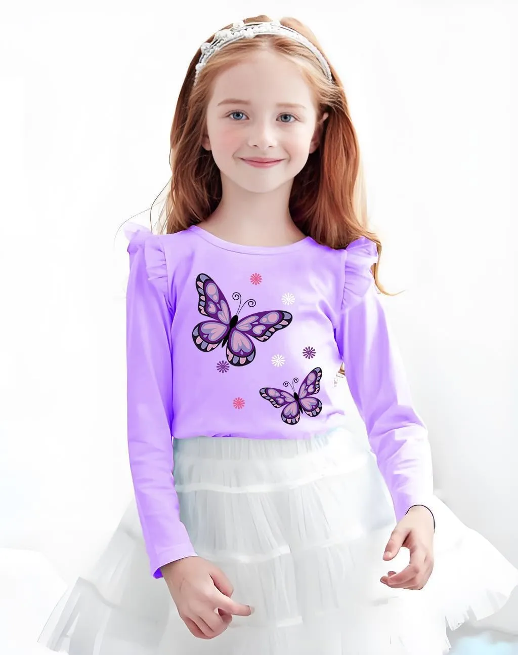 Girls Ruffle Long Sleeve Shirts Soft Crewneck Cute Butterfly Shirt Wild Like My Curls T-Shirts Pink Cotton Tee 2-7 Years