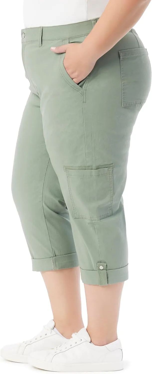 Gloria Vanderbilt Women's Cargo Capri Tab Roll Cuff with Zip Front and Elastic Waist Standard