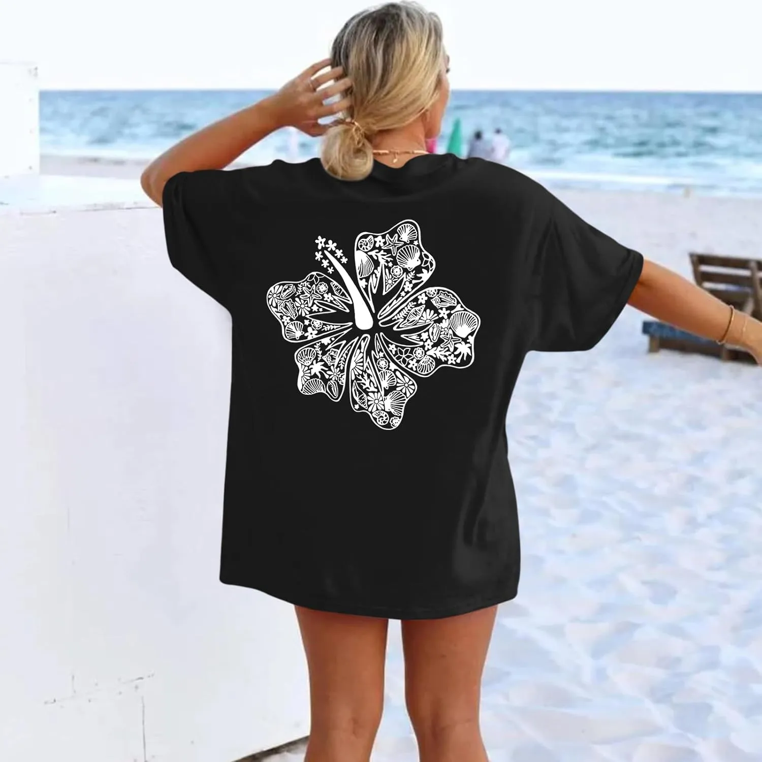 Hawaiian T Shirts for Women Oversized Aesthetic Hibiscus Flower Beach Shirt Teens Preppy Tropical Graphic Tee Tops