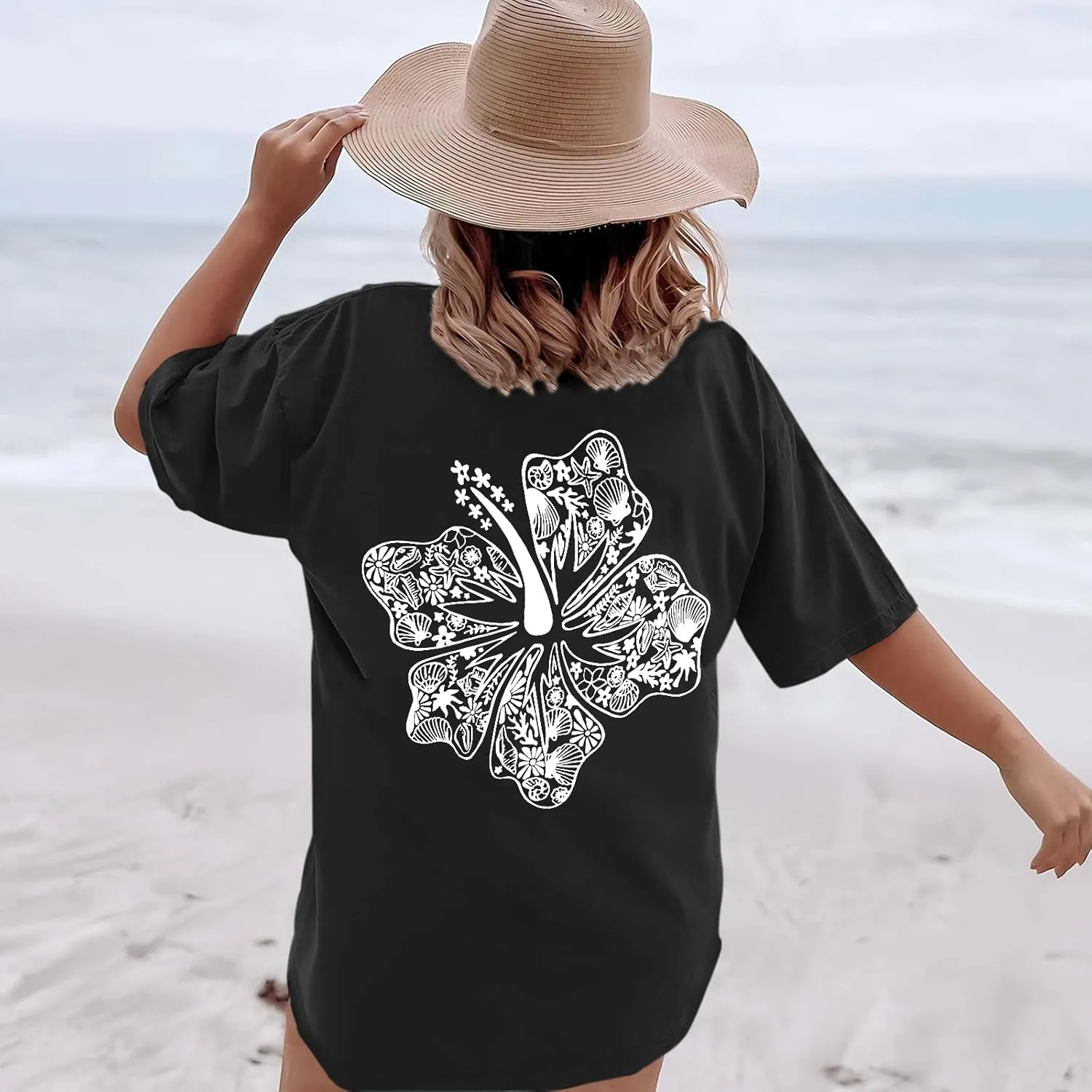 Hawaiian T Shirts for Women Oversized Aesthetic Hibiscus Flower Beach Shirt Teens Preppy Tropical Graphic Tee Tops
