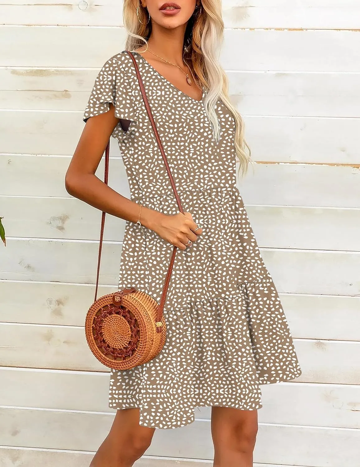 HOTOUCH Women's Casual Tiered Dress with Pockets V Neck Ruffle Dress Cap Sleeve Swing Mini Dress A-Line Dresses