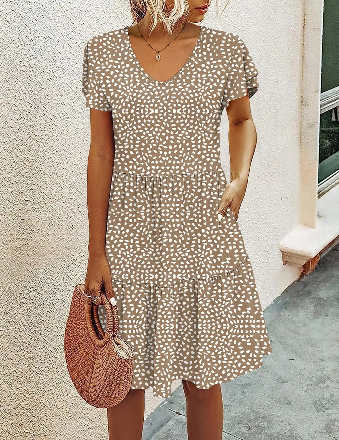 HOTOUCH Women's Casual Tiered Dress with Pockets V Neck Ruffle Dress Cap Sleeve Swing Mini Dress A-Line Dresses