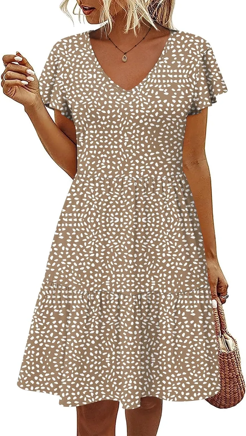 HOTOUCH Women's Casual Tiered Dress with Pockets V Neck Ruffle Dress Cap Sleeve Swing Mini Dress A-Line Dresses