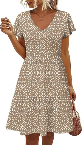 HOTOUCH Women's Casual Tiered Dress with Pockets V Neck Ruffle Dress Cap Sleeve Swing Mini Dress A-Line Dresses