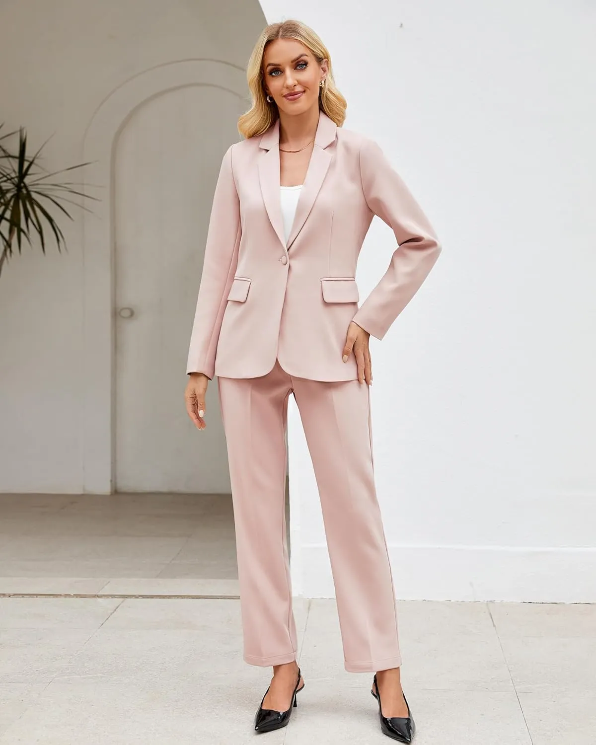 LookbookStore Pant Suits for Women Dressy 2 Piece Blazer and High Rise Straight Leg Pants Sets Business Casual Outfits