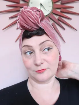 Made To Order: SMALL KNOT Velvet Pre-tied Stretchy 1940s Style Turban in Black, Claret, Bottle Green & Dusky Pink