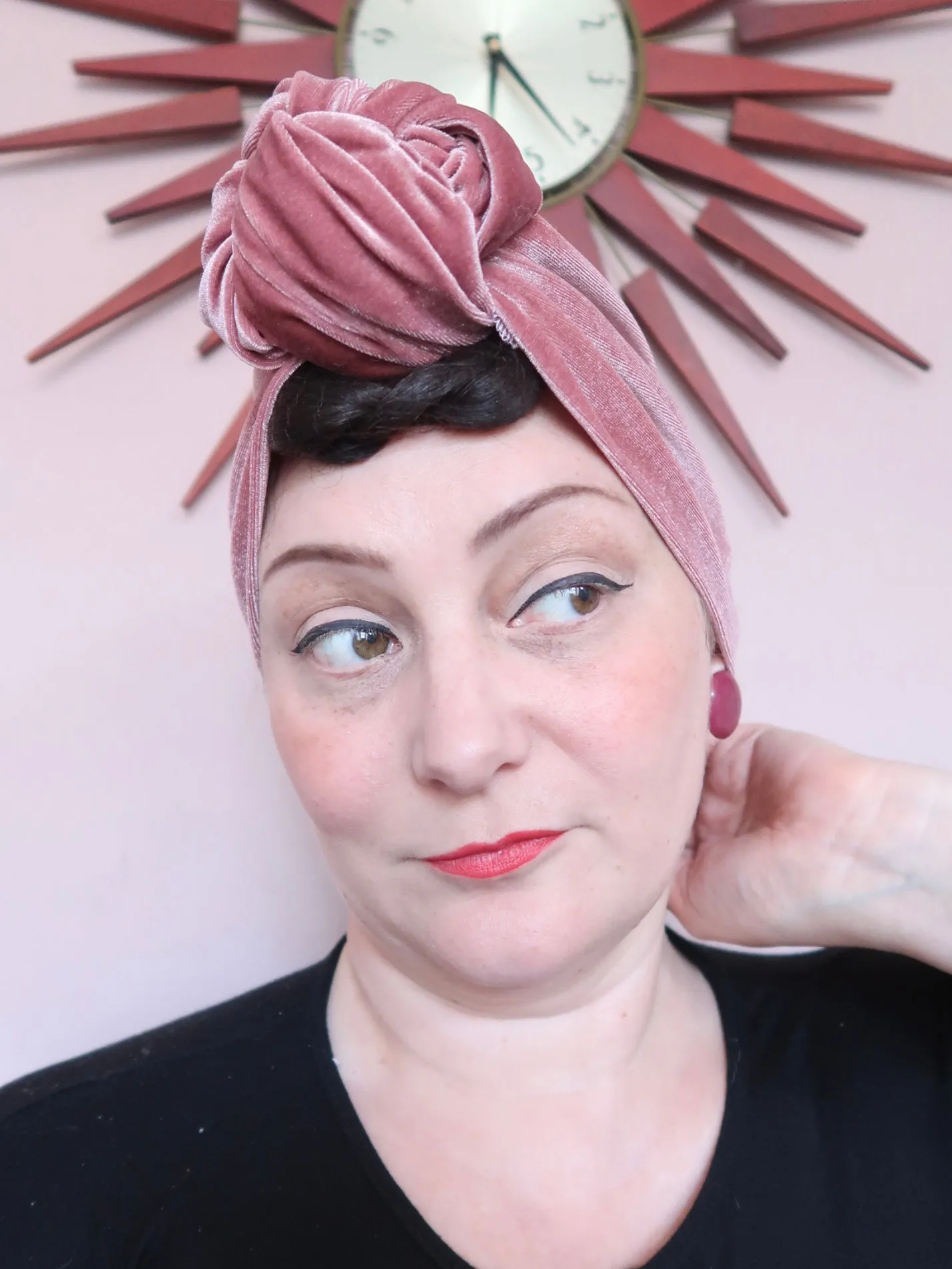 Made To Order: SMALL KNOT Velvet Pre-tied Stretchy 1940s Style Turban in Black, Claret, Bottle Green & Dusky Pink