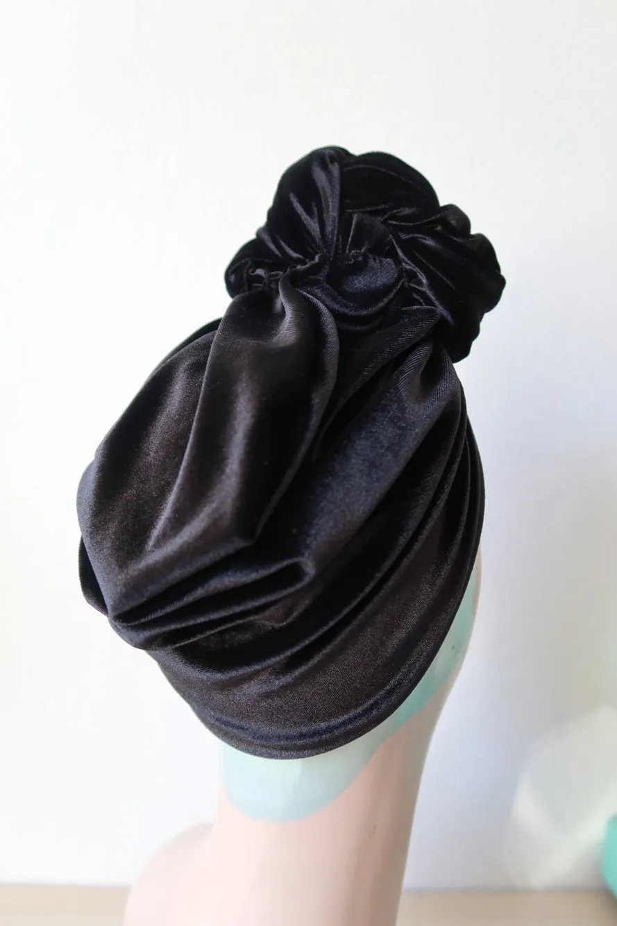 Made To Order: SMALL KNOT Velvet Pre-tied Stretchy 1940s Style Turban in Black, Claret, Bottle Green & Dusky Pink
