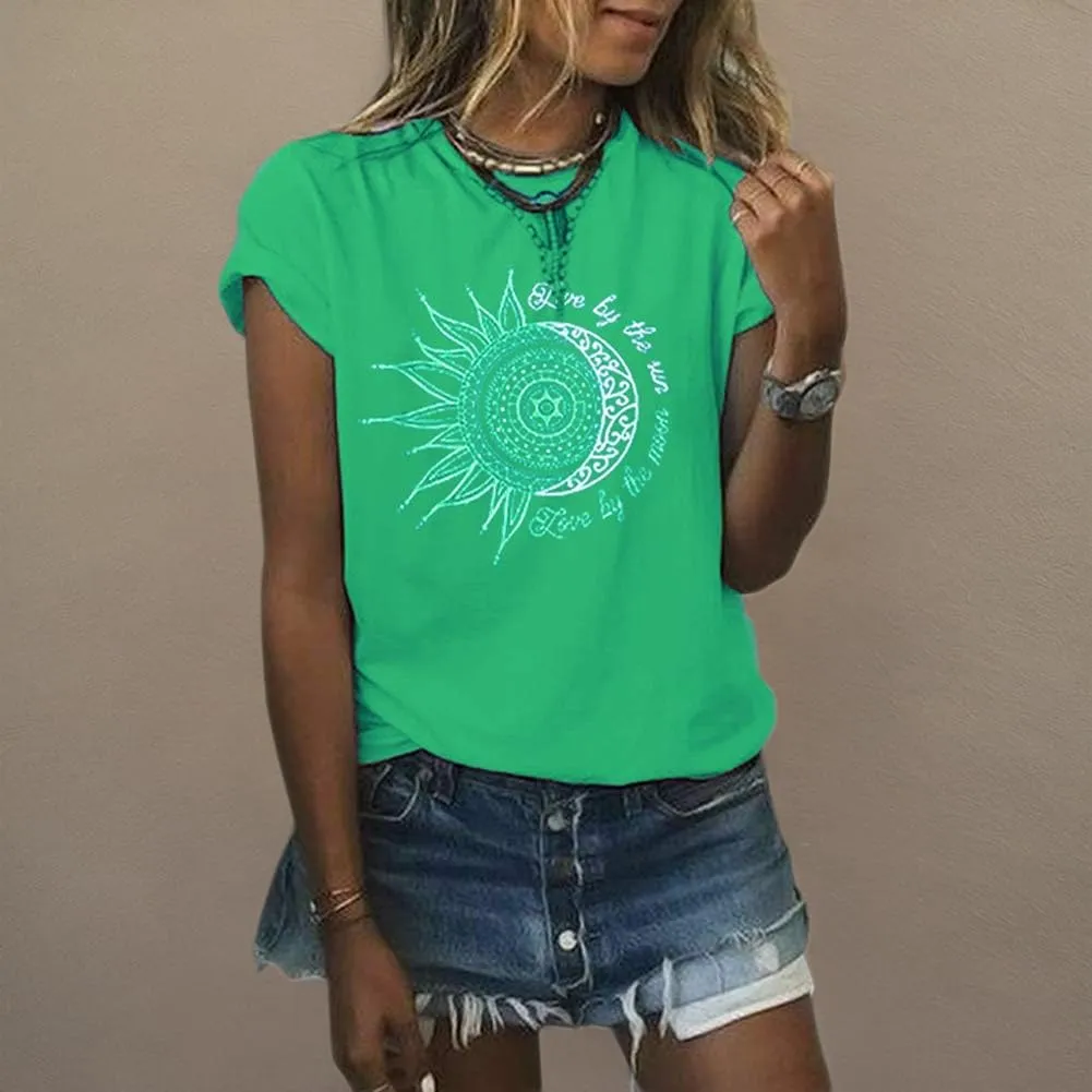 MaQiYa Womens Graphic Tees Summer Vintage Short Sleeve Cotton Moon and Sun Printed T Shirts Tops
