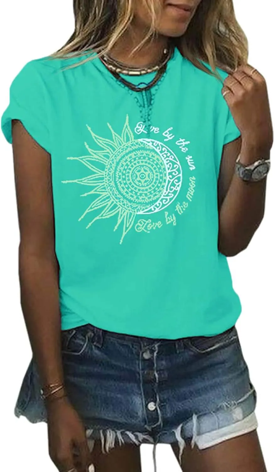 MaQiYa Womens Graphic Tees Summer Vintage Short Sleeve Cotton Moon and Sun Printed T Shirts Tops