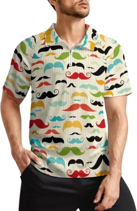 Mustache in Vintage Style Casual Polo Shirts for Men Short Sleeve Slim Fit Zip Golf T-Shirt Tennis Workout