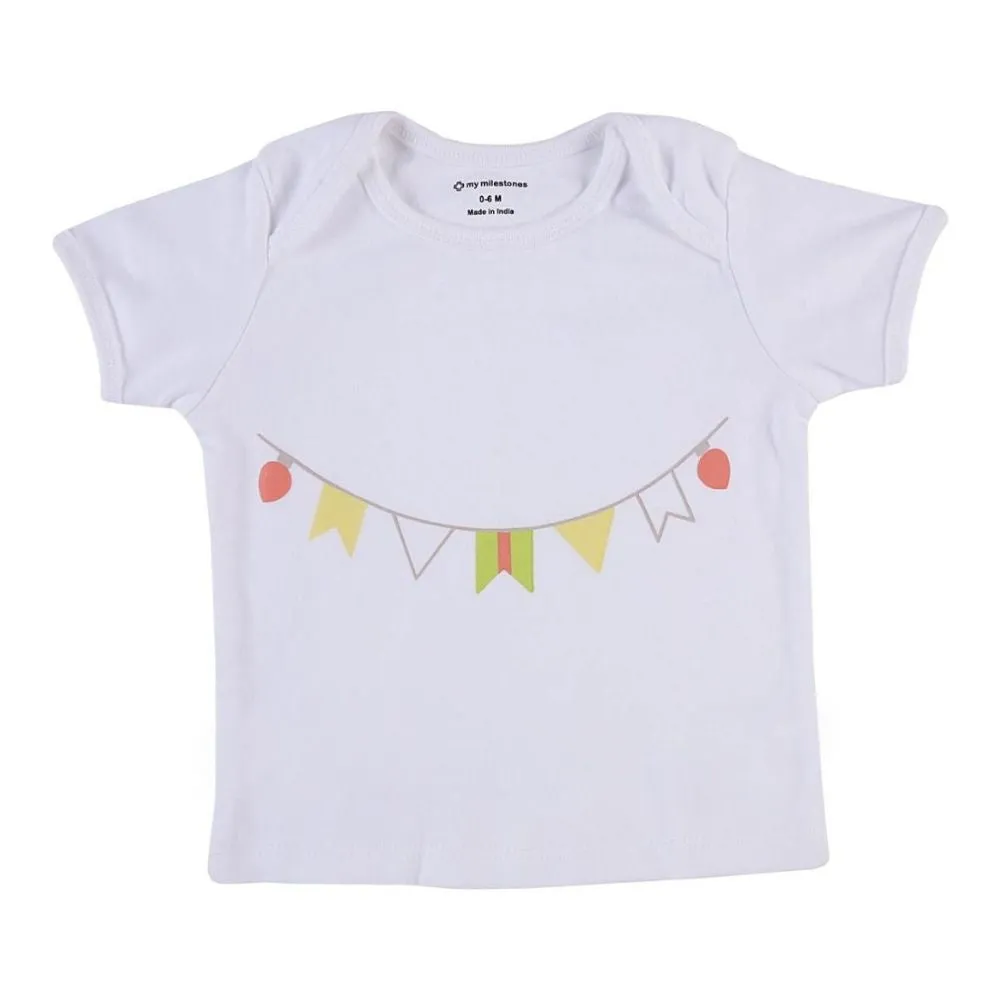 My Milestones Baby Top Bottom Set- Half Sleeves T-shirt with Shorts-White