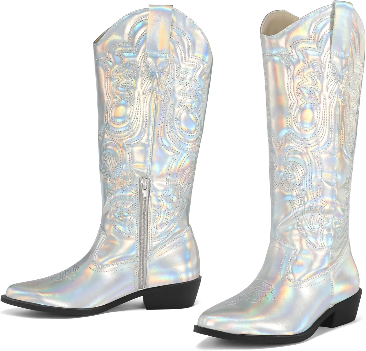 mysoft Women's Cowboy Boots Mid Calf Cowgirl Embroidered Western Pointed Toe Chunky Heel Pull On Knee High Boots