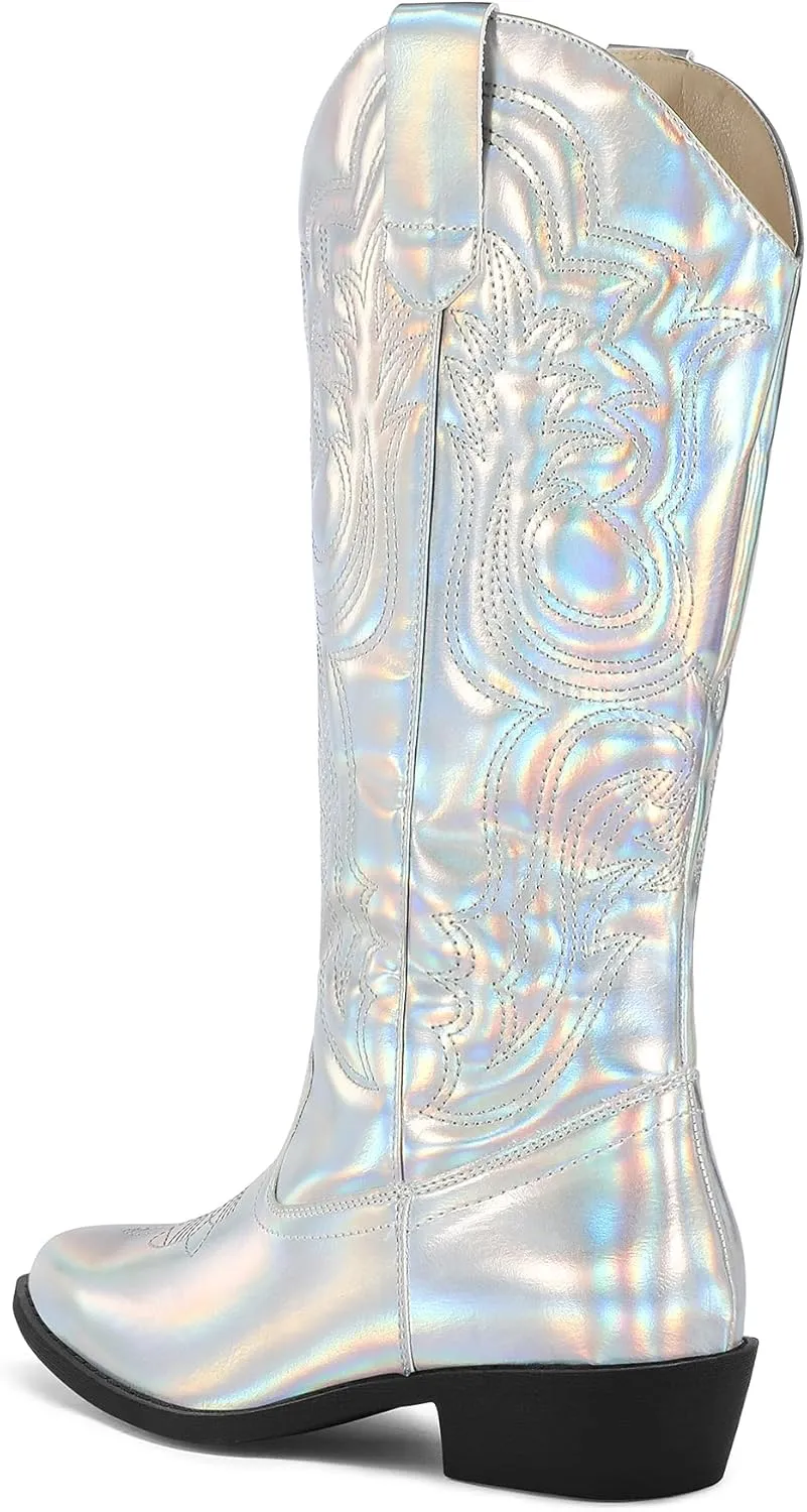 mysoft Women's Cowboy Boots Mid Calf Cowgirl Embroidered Western Pointed Toe Chunky Heel Pull On Knee High Boots
