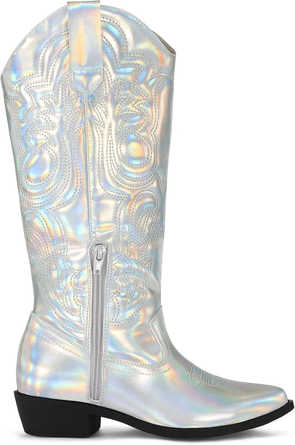 mysoft Women's Cowboy Boots Mid Calf Cowgirl Embroidered Western Pointed Toe Chunky Heel Pull On Knee High Boots