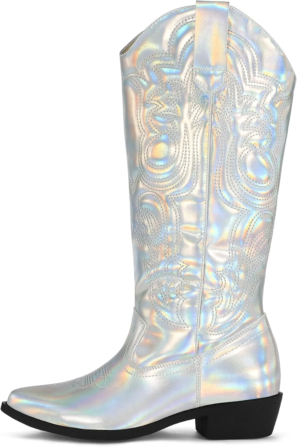 mysoft Women's Cowboy Boots Mid Calf Cowgirl Embroidered Western Pointed Toe Chunky Heel Pull On Knee High Boots